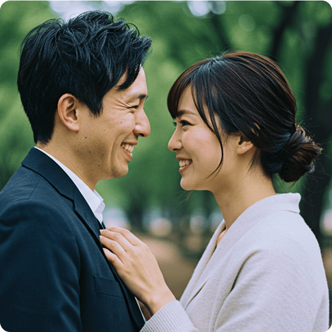 緑あふれる屋外で見つめ合う笑顔のカップル