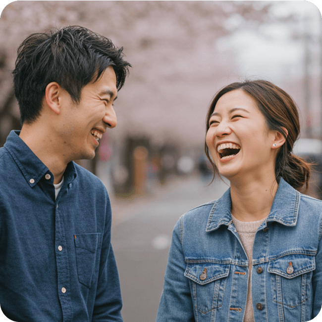 桜の下で笑い合うカップルの写真